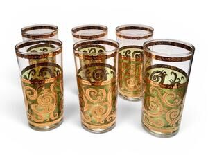 Culver "Toledo" Pattern Highball Glasses 22k Scroll Overlays. Set of 6 MCM